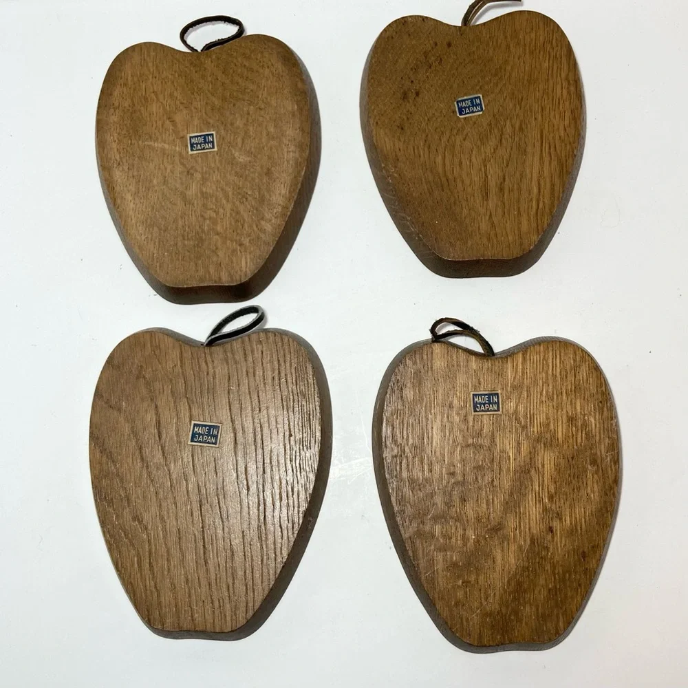 1960s Wood Apple Coaster Vintage Japan Sere Hand Carved Set of 4